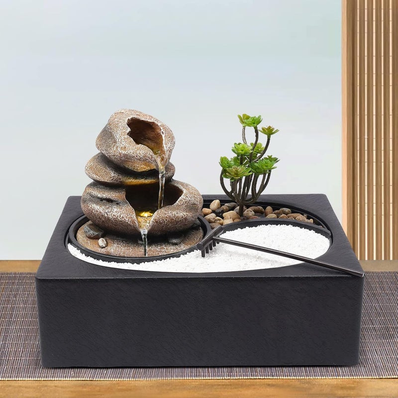 CaLaOCO Indoor Fountain Rockery Tabletop Fountain with an Tree Elaxation Water Feature Meditation Desktop Fountains for Home Office Decor or Giving 11.4' x 8.3'' x 8.7'' with LED Light - Image 1